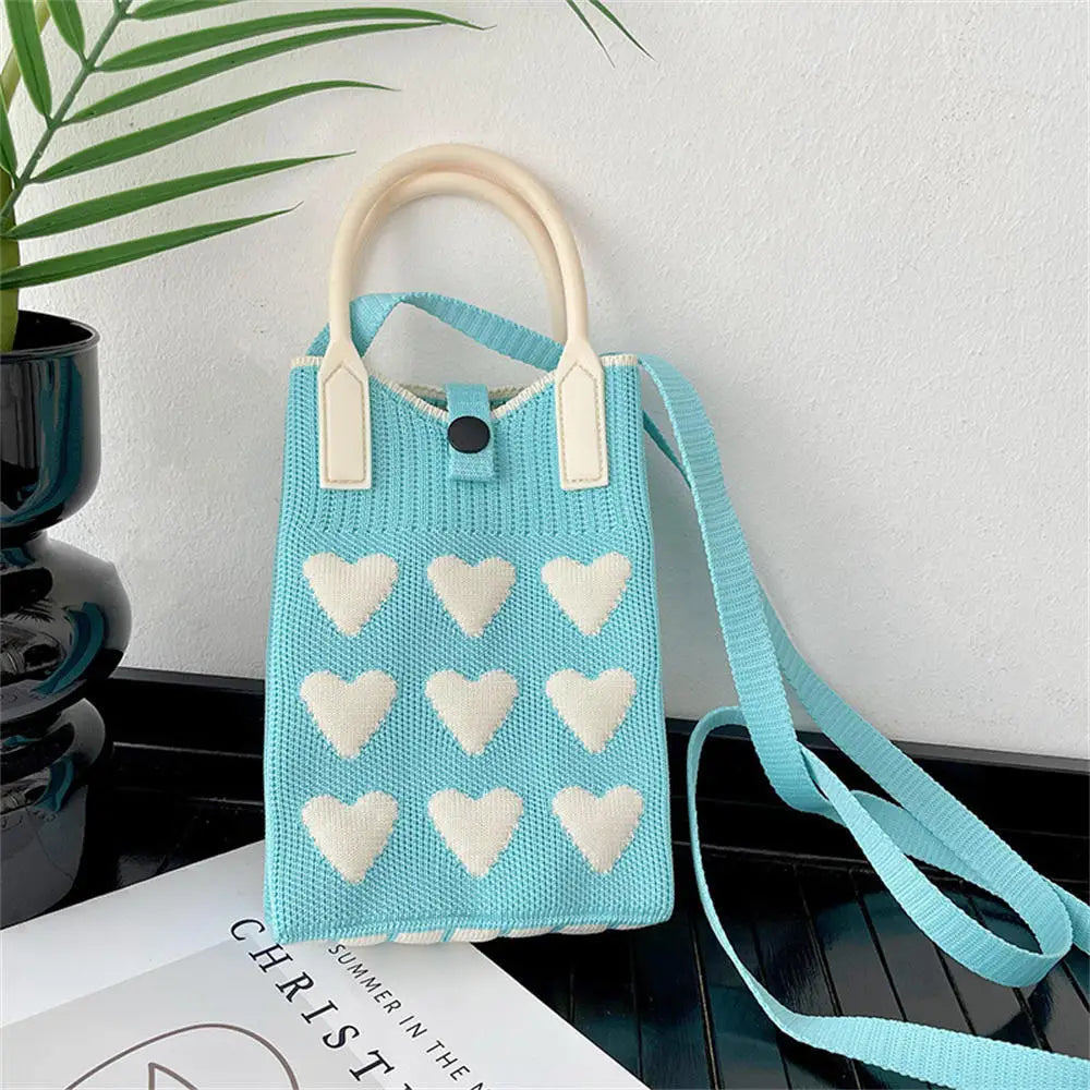 Korean Fashion Heart Knitted Mini Square Handbag for Women Small Mobile Phone Shoulder Bags Girls Cute Outdoor Crossbody Bags