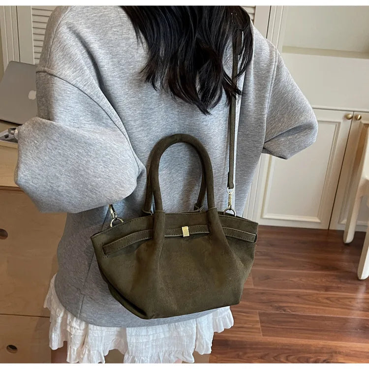 Matte Leather Suede Tote Handbags for Women Large Capacity Retro Shoulder Bag Fall Winter Belt Design Female Crossbody Bags