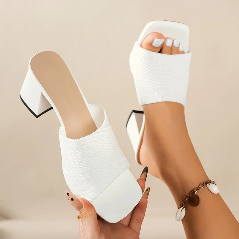 White Knitted High Heels Slippers Women 2025 Summer Slip On Square Toe Sandals Woman Plus Size 43 Thick Heeled Slides Mujer