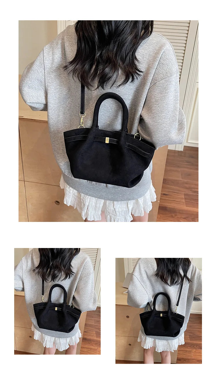 Matte Leather Suede Tote Handbags for Women Large Capacity Retro Shoulder Bag Fall Winter Belt Design Female Crossbody Bags