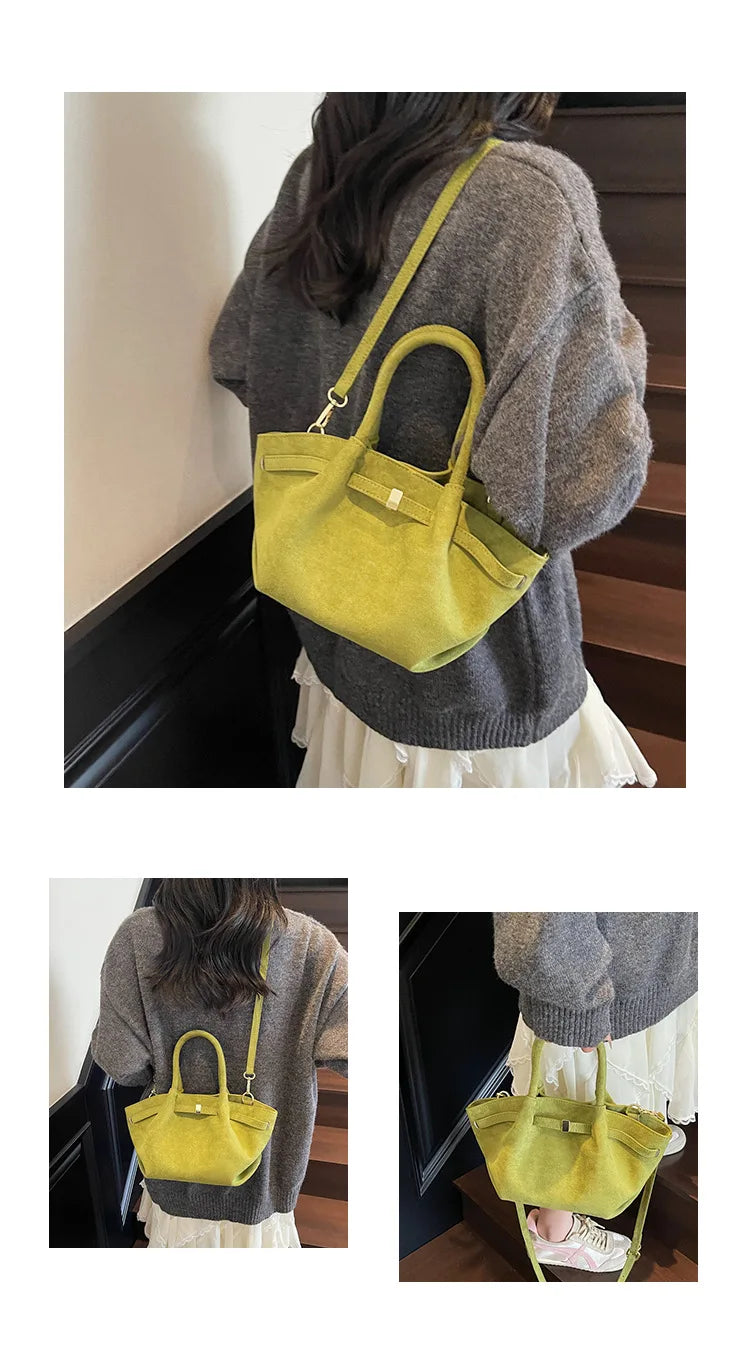 Matte Leather Suede Tote Handbags for Women Large Capacity Retro Shoulder Bag Fall Winter Belt Design Female Crossbody Bags