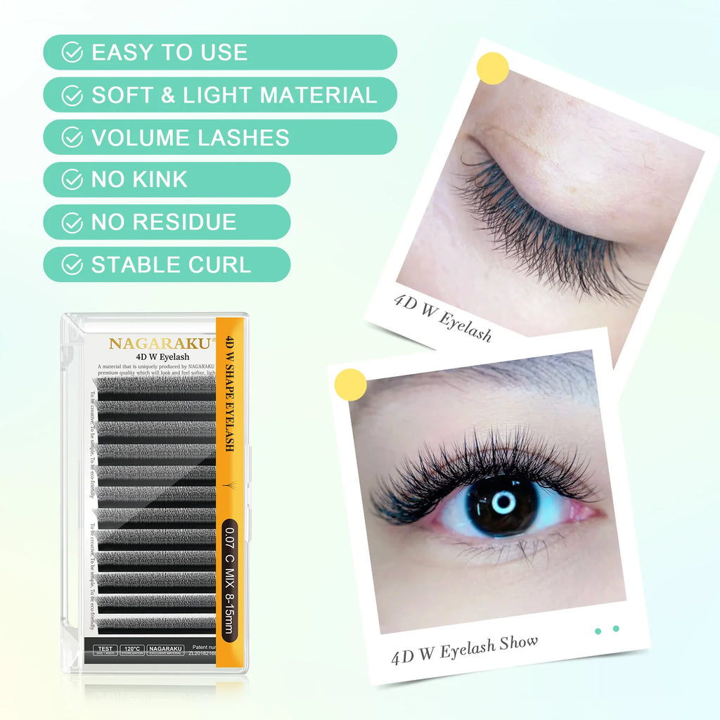 NAGARAKU 4D W Shape Lashes Hand Waved Premade Bloom Fans Mesh Eyelash Extensions Natural Soft Light Individual Matte Dense