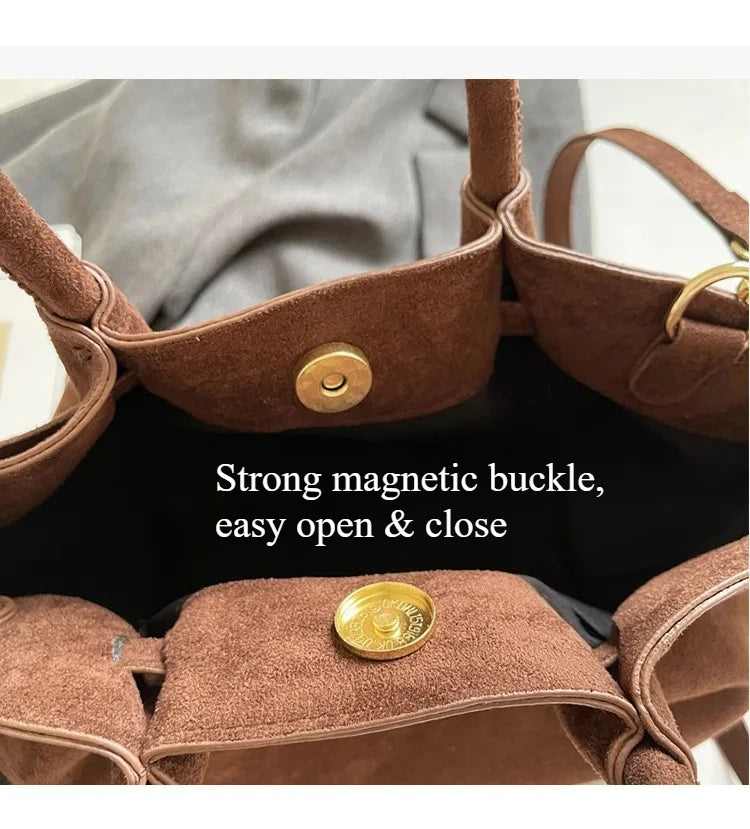 Matte Leather Suede Tote Handbags for Women Large Capacity Retro Shoulder Bag Fall Winter Belt Design Female Crossbody Bags