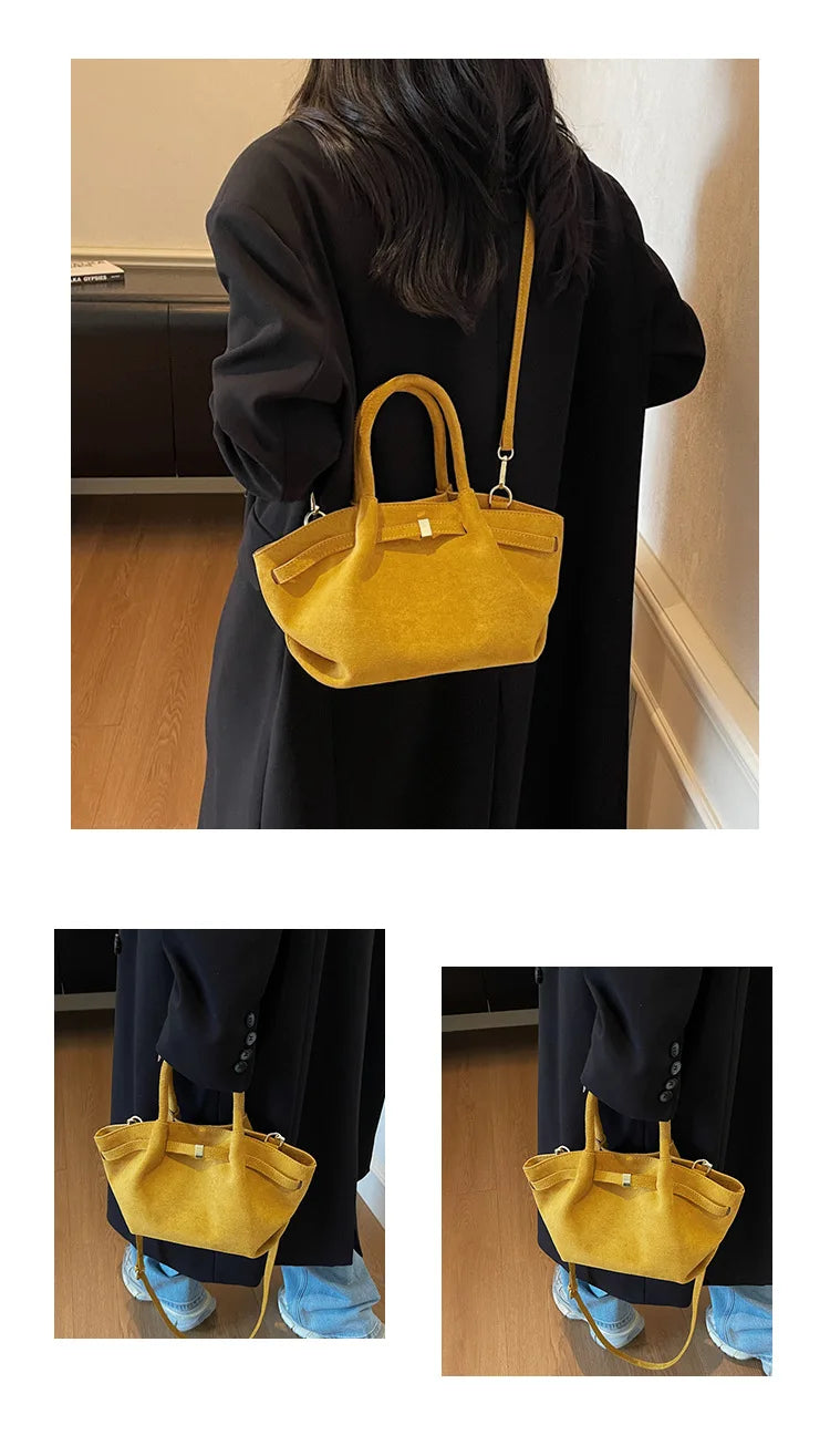 Matte Leather Suede Tote Handbags for Women Large Capacity Retro Shoulder Bag Fall Winter Belt Design Female Crossbody Bags