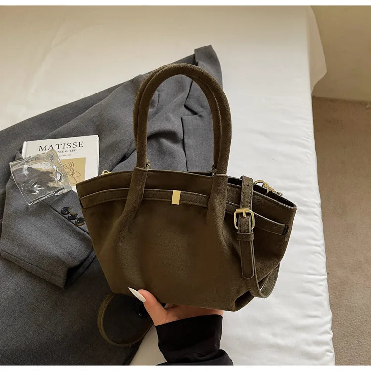 Matte Leather Suede Tote Handbags for Women Large Capacity Retro Shoulder Bag Fall Winter Belt Design Female Crossbody Bags