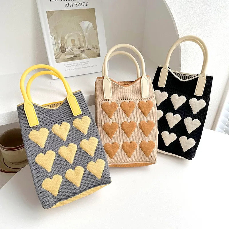 Korean Fashion Heart Knitted Mini Square Handbag for Women Small Mobile Phone Shoulder Bags Girls Cute Outdoor Crossbody Bags