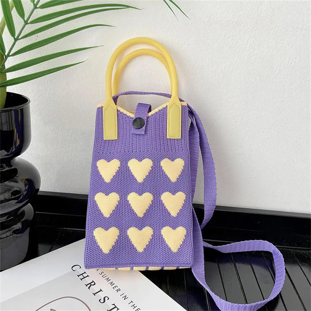 Korean Fashion Heart Knitted Mini Square Handbag for Women Small Mobile Phone Shoulder Bags Girls Cute Outdoor Crossbody Bags