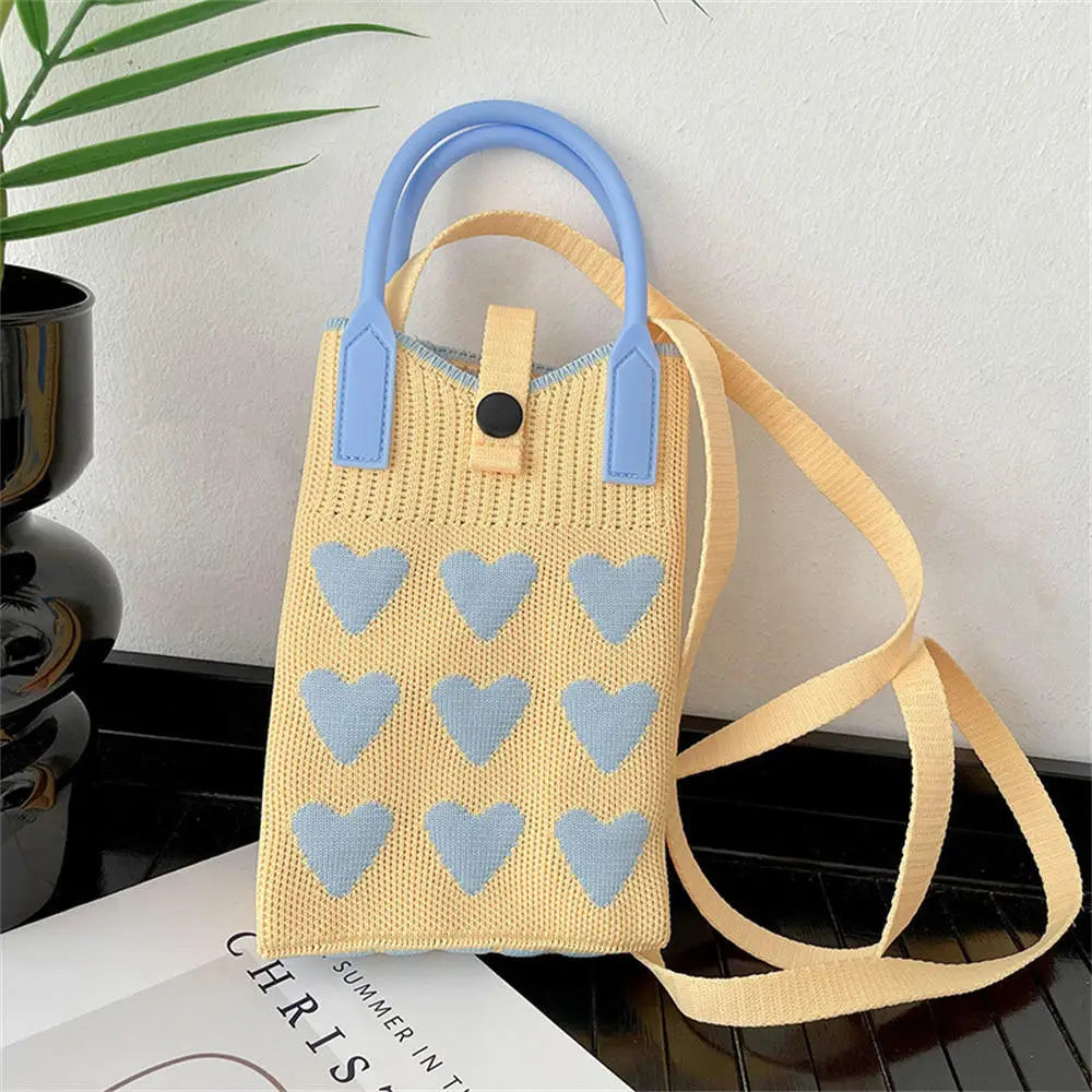Korean Fashion Heart Knitted Mini Square Handbag for Women Small Mobile Phone Shoulder Bags Girls Cute Outdoor Crossbody Bags