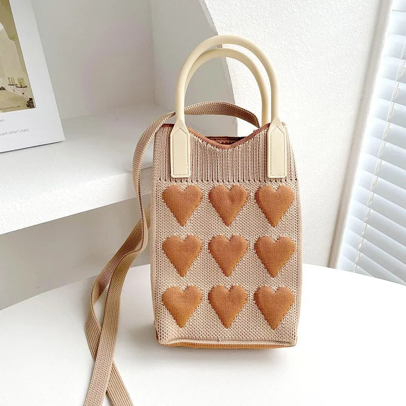 Korean Fashion Heart Knitted Mini Square Handbag for Women Small Mobile Phone Shoulder Bags Girls Cute Outdoor Crossbody Bags
