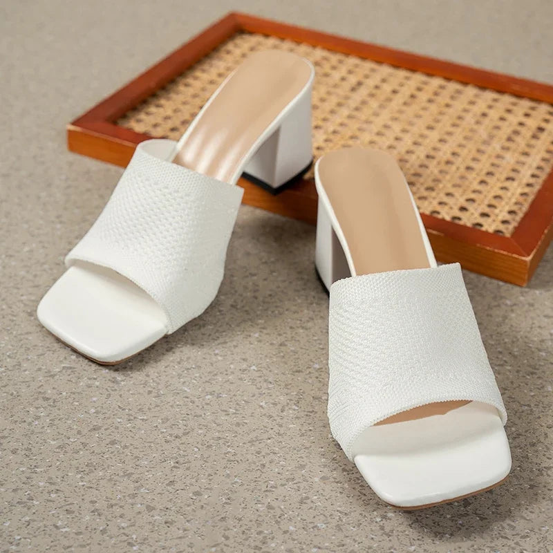 White Knitted High Heels Slippers Women 2025 Summer Slip On Square Toe Sandals Woman Plus Size 43 Thick Heeled Slides Mujer