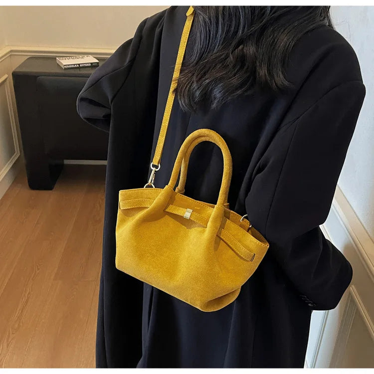 Matte Leather Suede Tote Handbags for Women Large Capacity Retro Shoulder Bag Fall Winter Belt Design Female Crossbody Bags