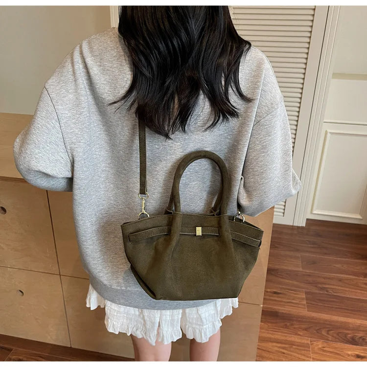 Matte Leather Suede Tote Handbags for Women Large Capacity Retro Shoulder Bag Fall Winter Belt Design Female Crossbody Bags