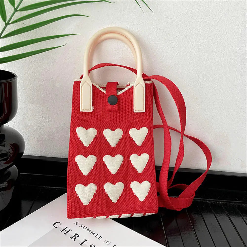 Korean Fashion Heart Knitted Mini Square Handbag for Women Small Mobile Phone Shoulder Bags Girls Cute Outdoor Crossbody Bags