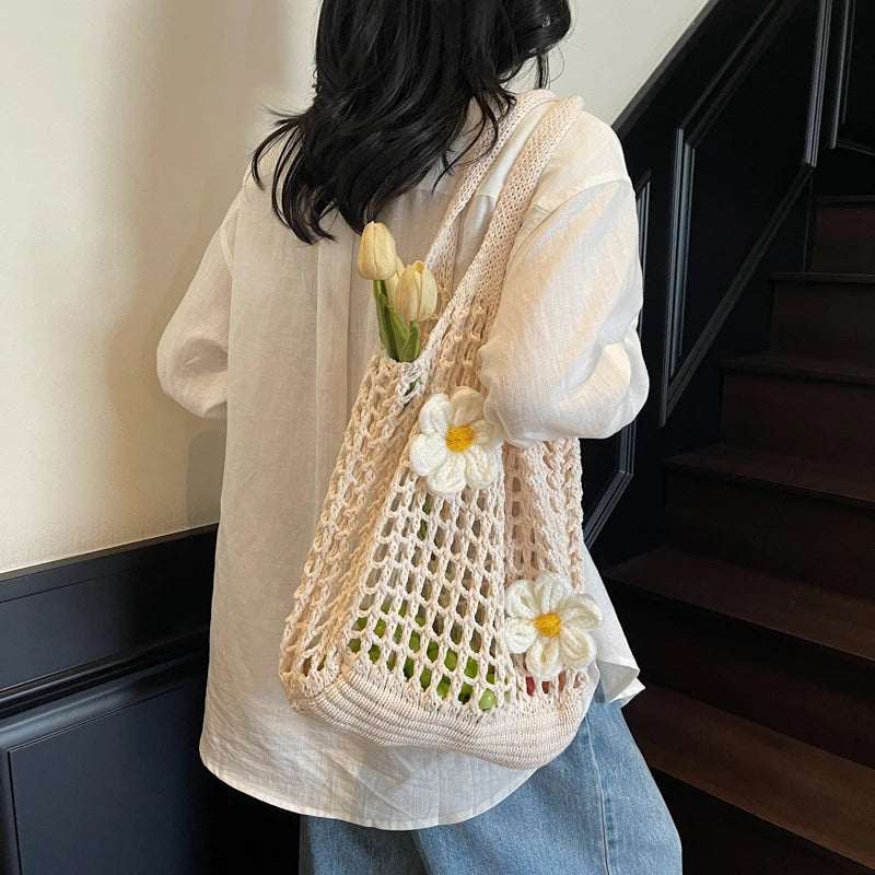 Women's Large Capacity Knitted Tote Handbag Fashion Summer Beach Bag Lightweight Casual Shoulder Chic Hobo Top Handle