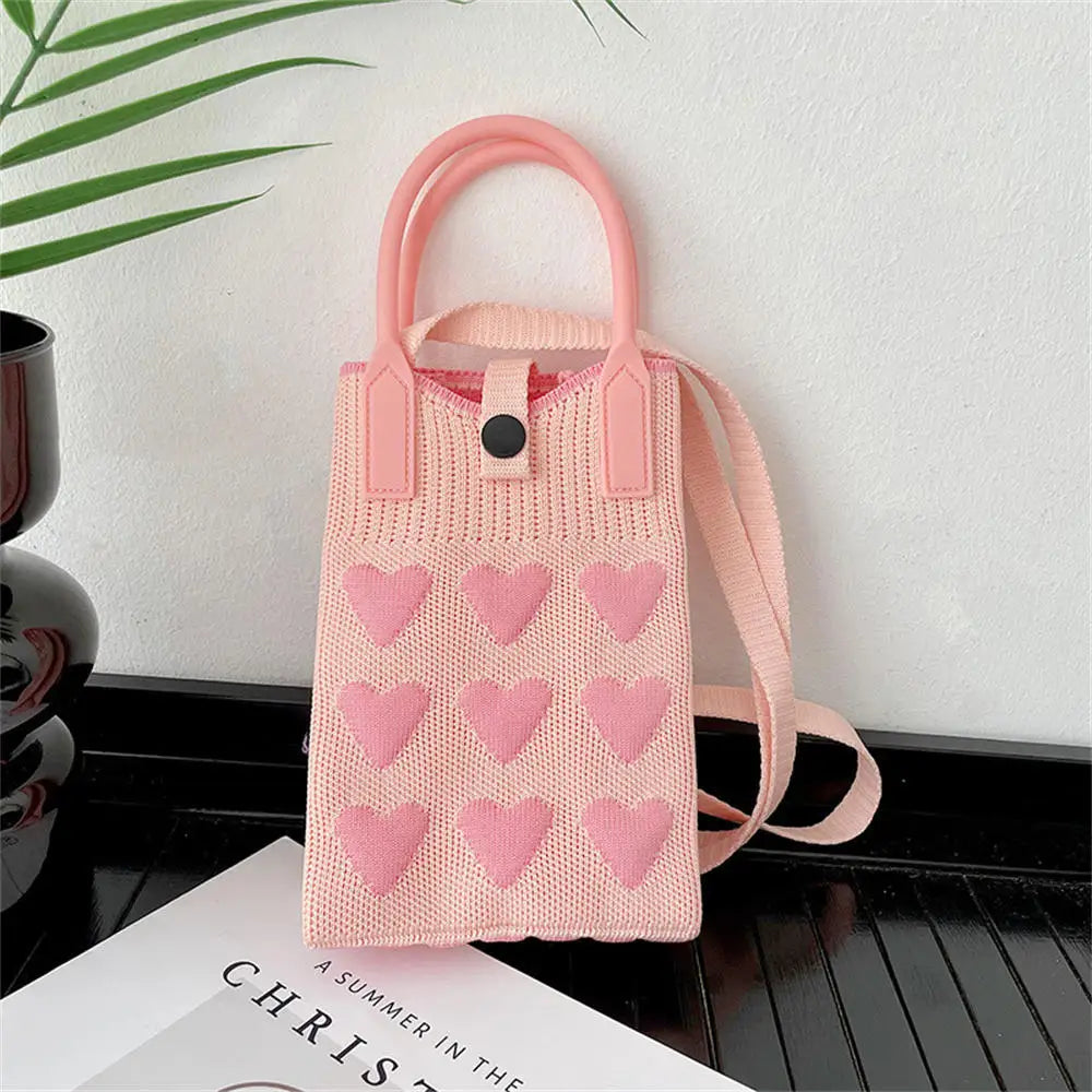 Korean Fashion Heart Knitted Mini Square Handbag for Women Small Mobile Phone Shoulder Bags Girls Cute Outdoor Crossbody Bags