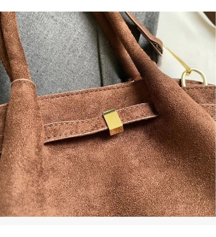 Matte Leather Suede Tote Handbags for Women Large Capacity Retro Shoulder Bag Fall Winter Belt Design Female Crossbody Bags