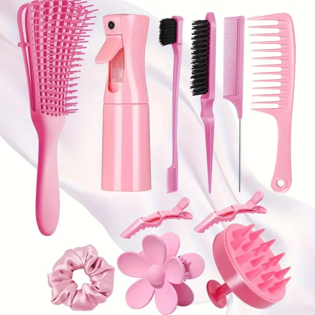 11pcs Hair Brush Set for Women and Men, Edge & Back Brushing, Curly Hair Brush Set with Spray Bottle Flower hair clip