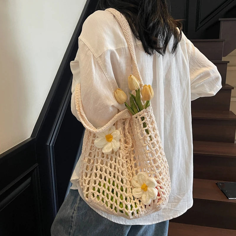 Women's Large Capacity Knitted Tote Handbag Fashion Summer Beach Bag Lightweight Casual Shoulder Chic Hobo Top Handle