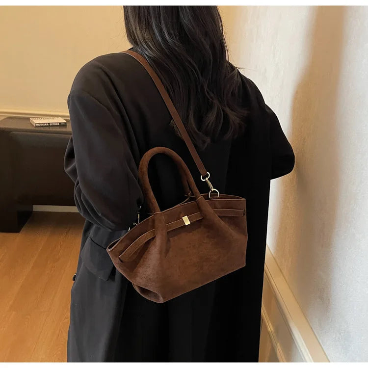 Matte Leather Suede Tote Handbags for Women Large Capacity Retro Shoulder Bag Fall Winter Belt Design Female Crossbody Bags