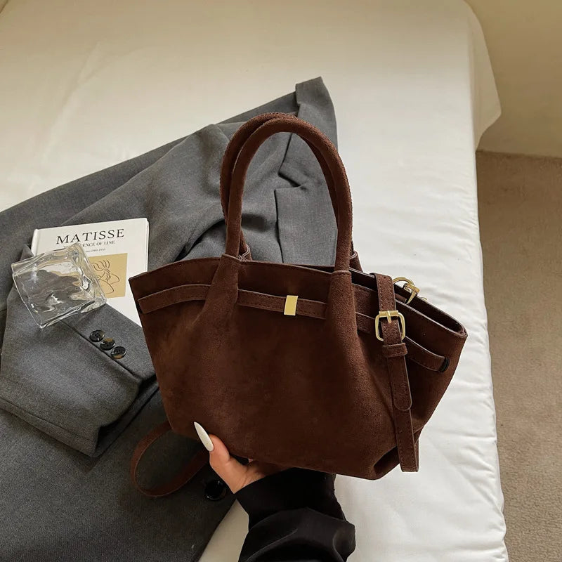 Matte Leather Suede Tote Handbags for Women Large Capacity Retro Shoulder Bag Fall Winter Belt Design Female Crossbody Bags