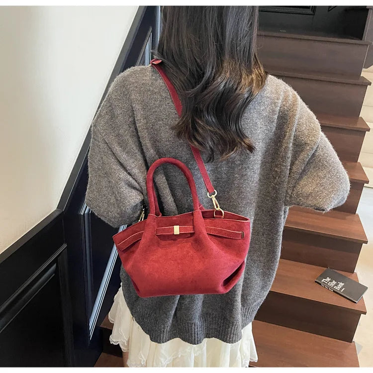 Matte Leather Suede Tote Handbags for Women Large Capacity Retro Shoulder Bag Fall Winter Belt Design Female Crossbody Bags