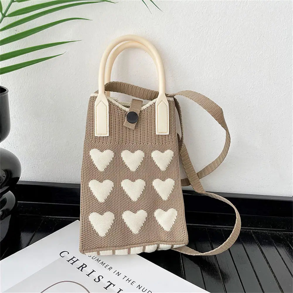 Korean Fashion Heart Knitted Mini Square Handbag for Women Small Mobile Phone Shoulder Bags Girls Cute Outdoor Crossbody Bags