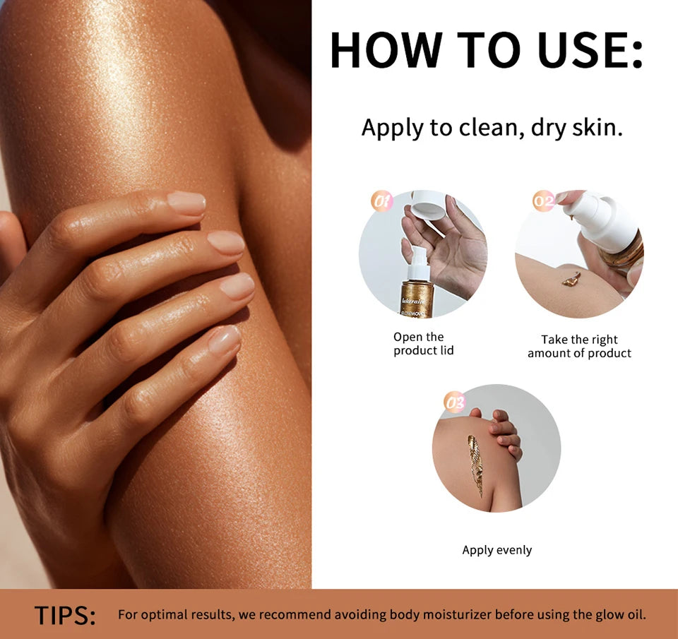 Glowmotions Glow Body Oil 100ml Hydrating Softening Brazilian Shimmer Bronze Non-Greasy Non-Sticky Formula for Beachside Party