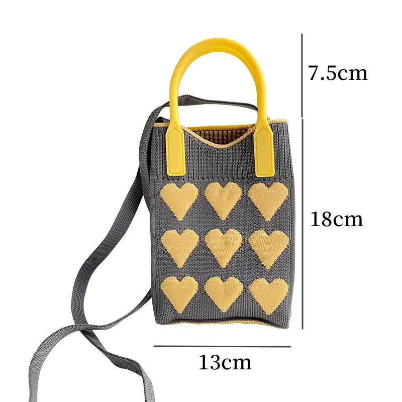 Korean Fashion Heart Knitted Mini Square Handbag for Women Small Mobile Phone Shoulder Bags Girls Cute Outdoor Crossbody Bags