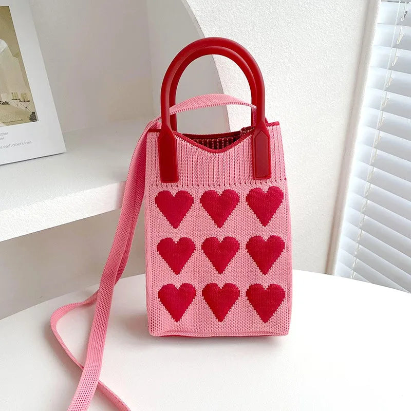 Korean Fashion Heart Knitted Mini Square Handbag for Women Small Mobile Phone Shoulder Bags Girls Cute Outdoor Crossbody Bags