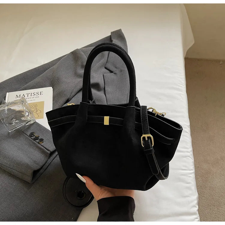 Matte Leather Suede Tote Handbags for Women Large Capacity Retro Shoulder Bag Fall Winter Belt Design Female Crossbody Bags