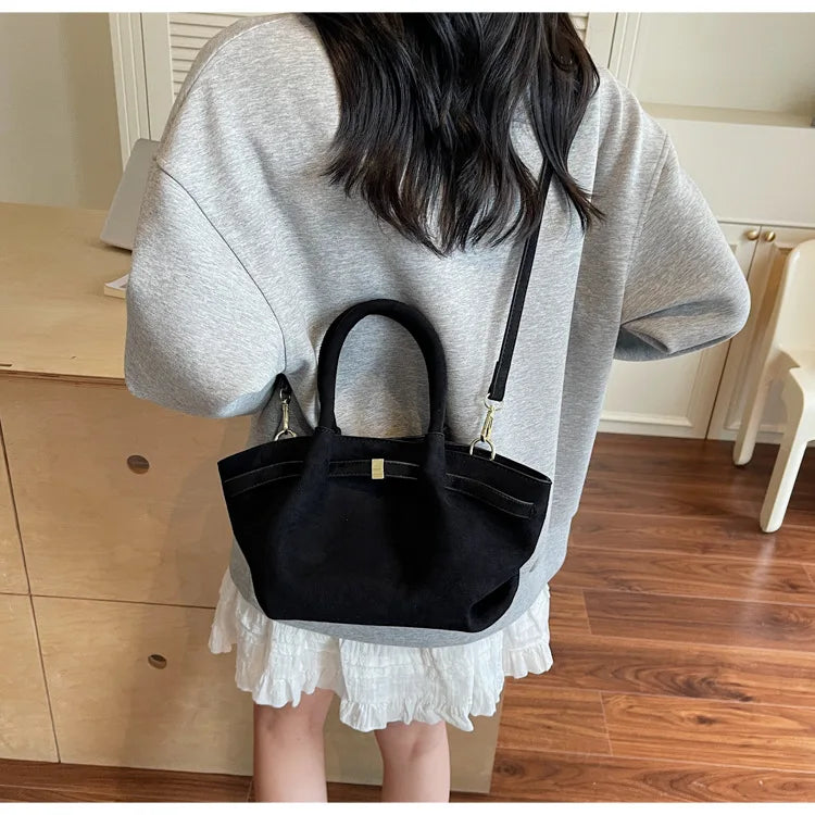 Matte Leather Suede Tote Handbags for Women Large Capacity Retro Shoulder Bag Fall Winter Belt Design Female Crossbody Bags