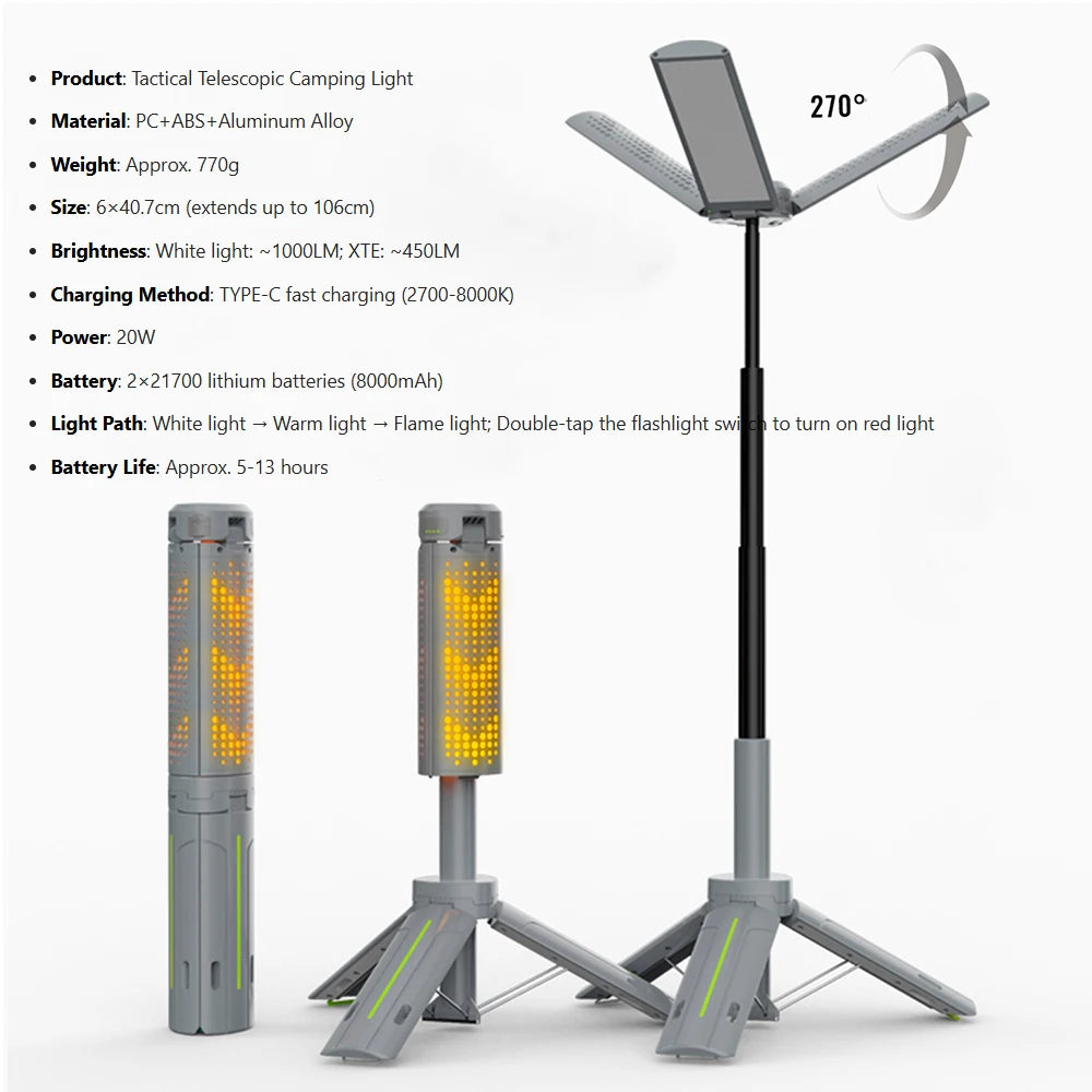 Telescopic Camping Lantern with Stand (40" Tripod) Rechargeable Camping Light 8000mAh & Lantern Flashlight 360° LED Heads