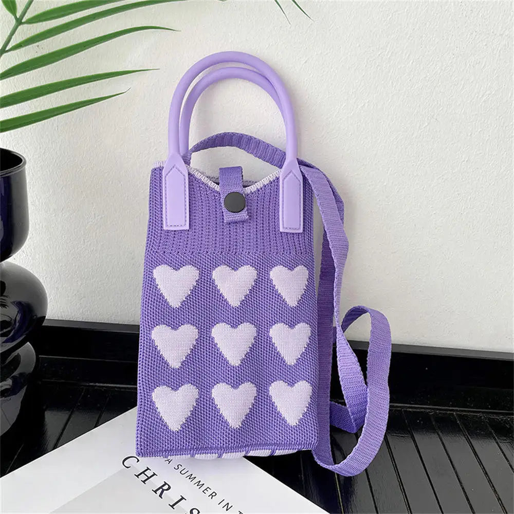 Korean Fashion Heart Knitted Mini Square Handbag for Women Small Mobile Phone Shoulder Bags Girls Cute Outdoor Crossbody Bags