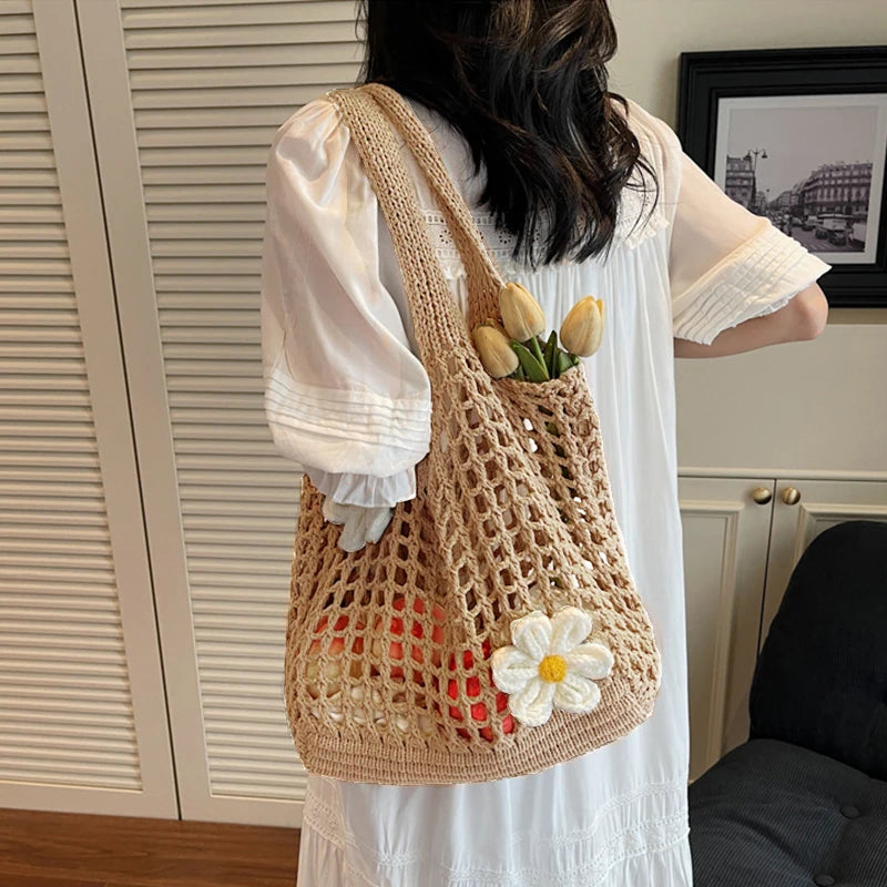 Women's Large Capacity Knitted Tote Handbag Fashion Summer Beach Bag Lightweight Casual Shoulder Chic Hobo Top Handle