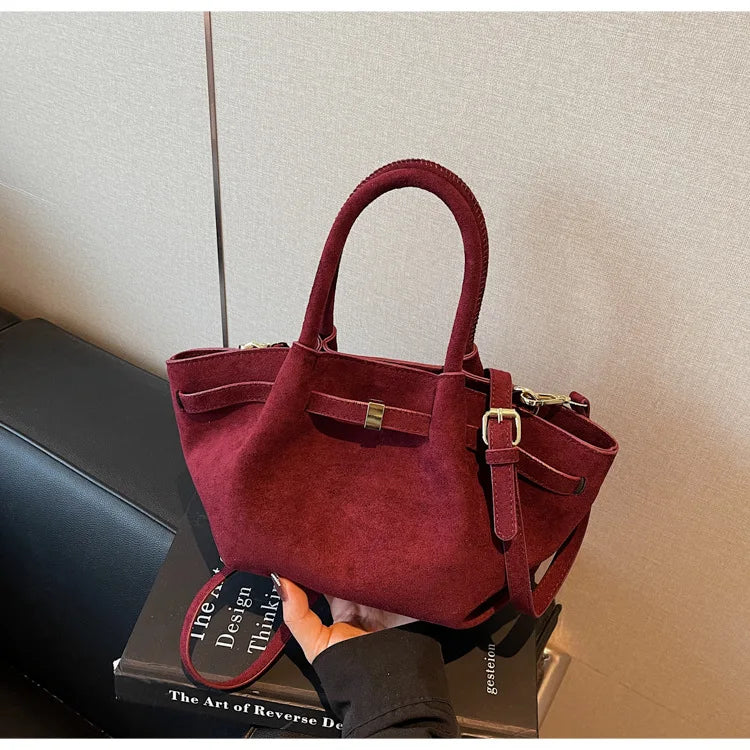 Matte Leather Suede Tote Handbags for Women Large Capacity Retro Shoulder Bag Fall Winter Belt Design Female Crossbody Bags